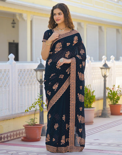 Dark Navy Blue Georgette Embroidery Embellished Saree