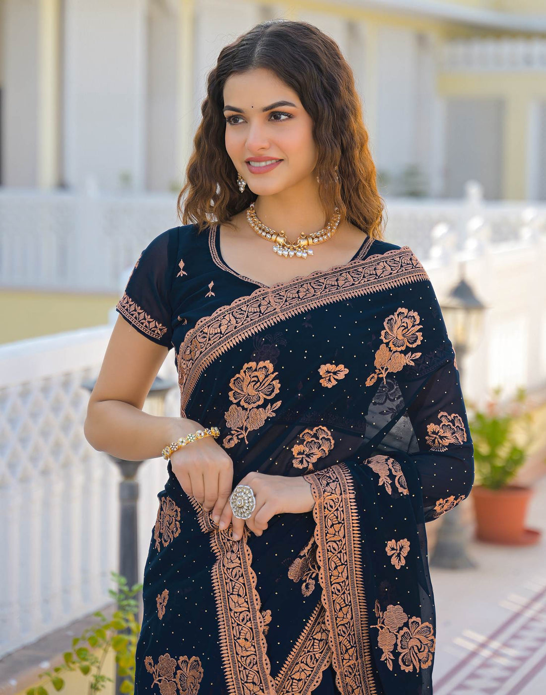 Dark Navy Blue Georgette Embroidery Embellished Saree