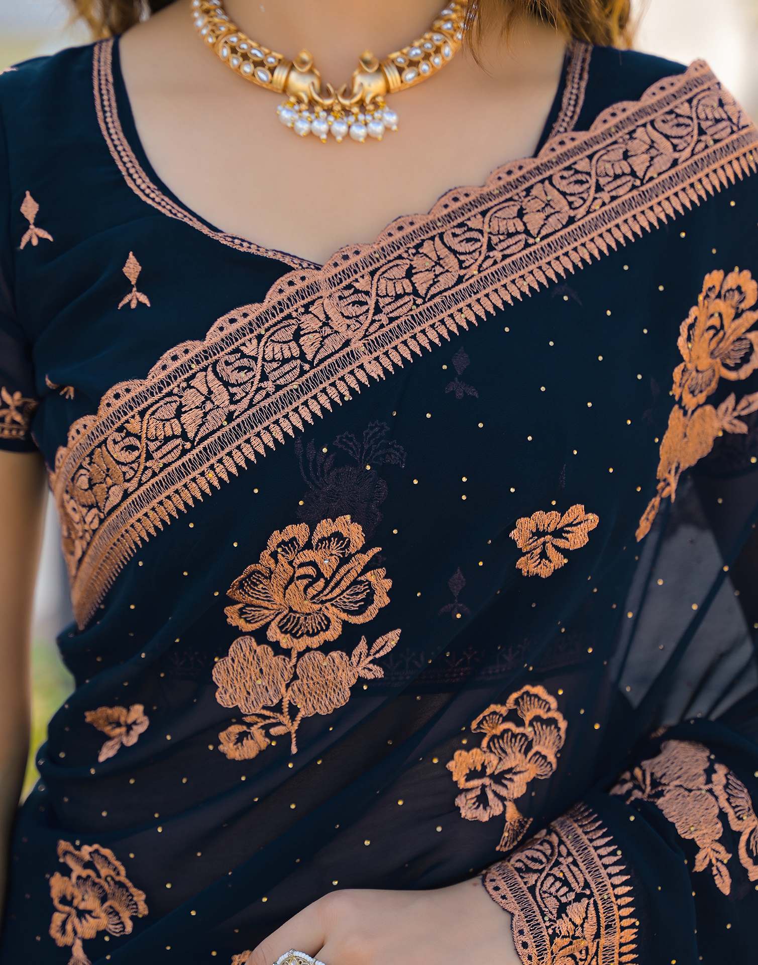 Dark Navy Blue Georgette Embroidery Embellished Saree