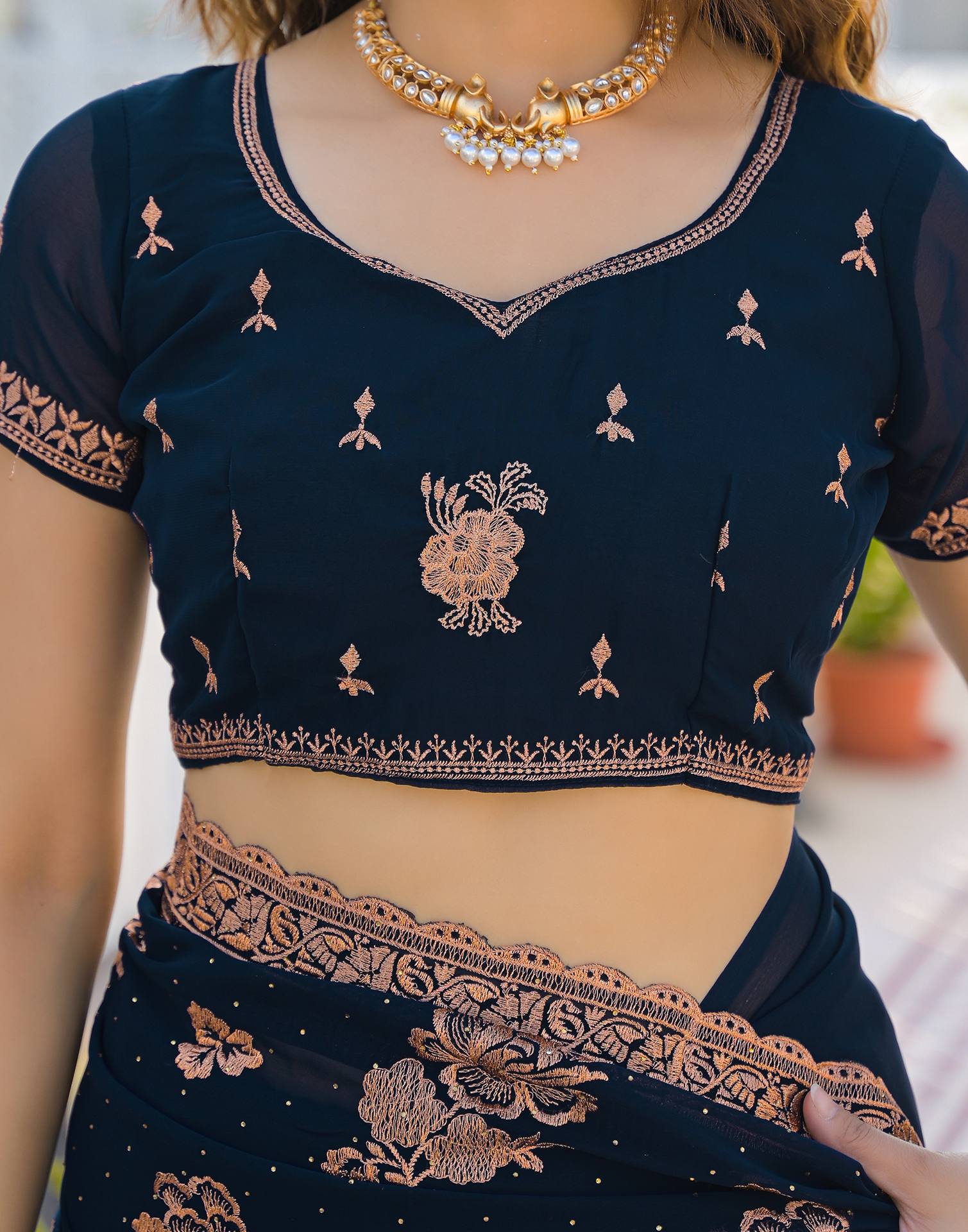 Dark Navy Blue Georgette Embroidery Embellished Saree