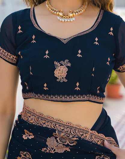 Dark Navy Blue Georgette Embroidery Embellished Saree