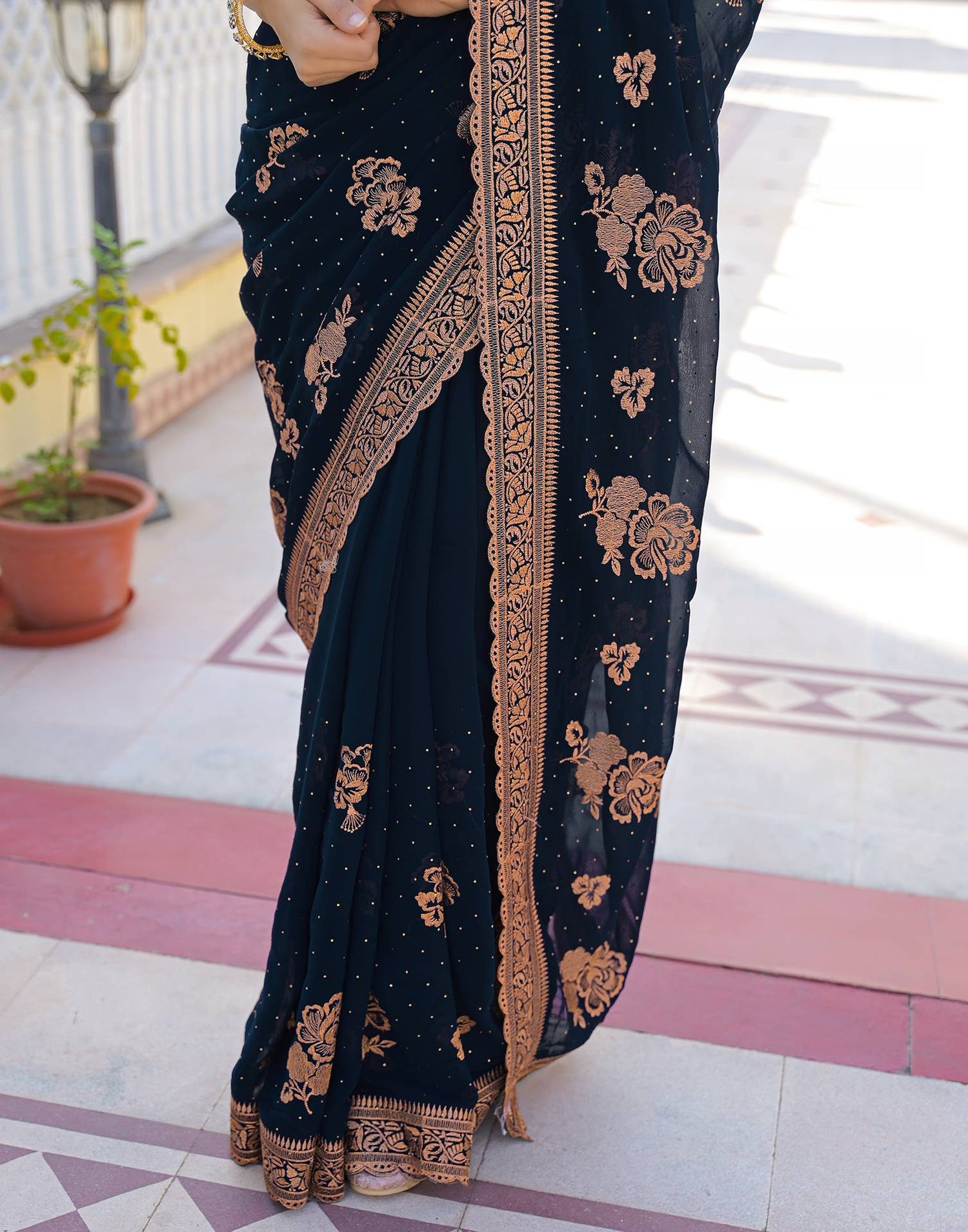 Dark Navy Blue Georgette Embroidery Embellished Saree