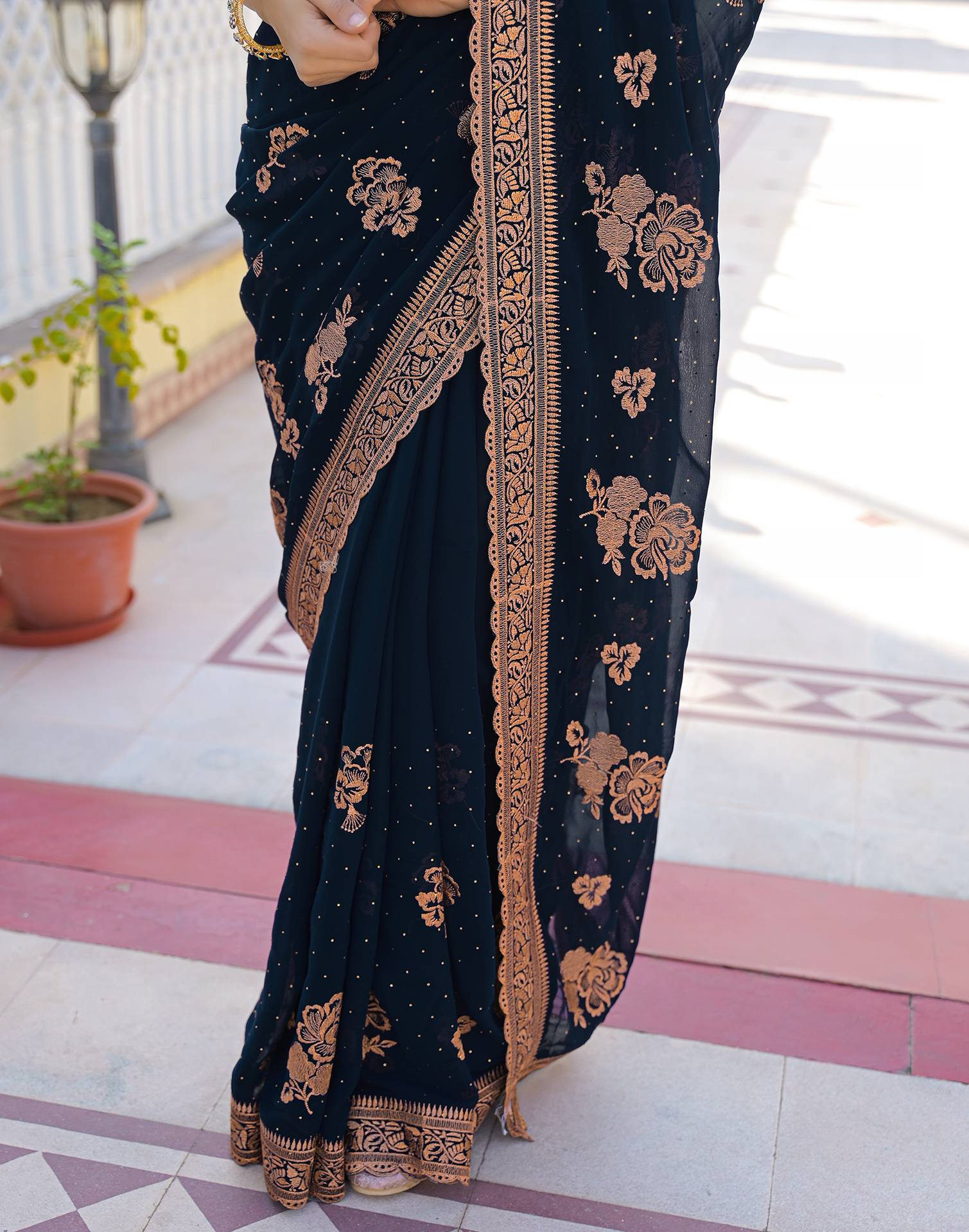 Dark Navy Blue Georgette Embroidery Embellished Saree