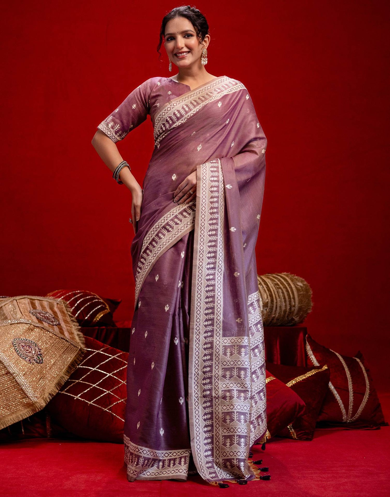 Dusty Purple Cotton Woven Printed Saree