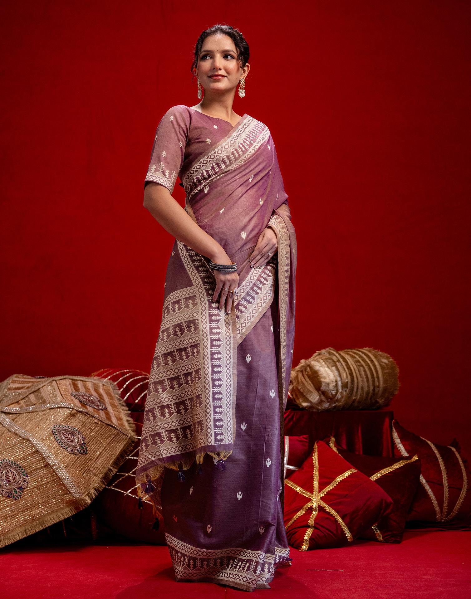 Dusty Purple Cotton Woven Printed Saree