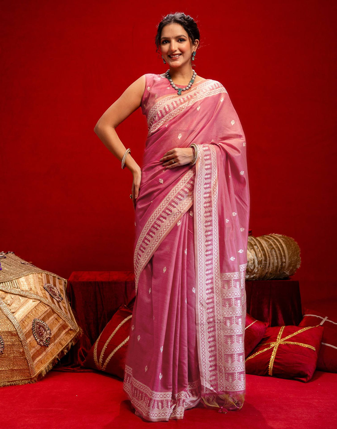 Rose Pink Cotton Woven Printed Saree