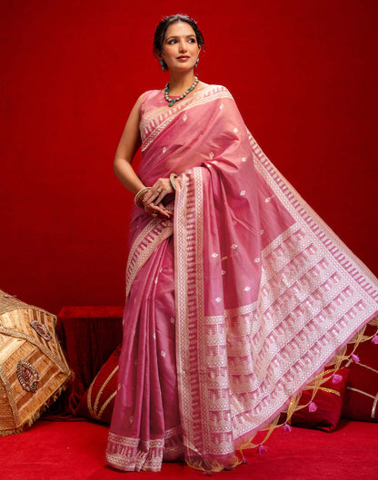 Rose Pink Cotton Woven Printed Saree