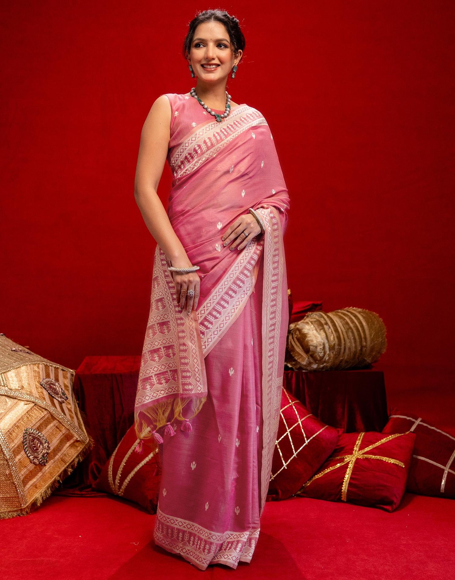 Rose Pink Cotton Woven Printed Saree