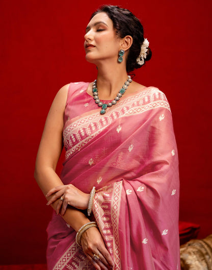 Rose Pink Cotton Woven Printed Saree