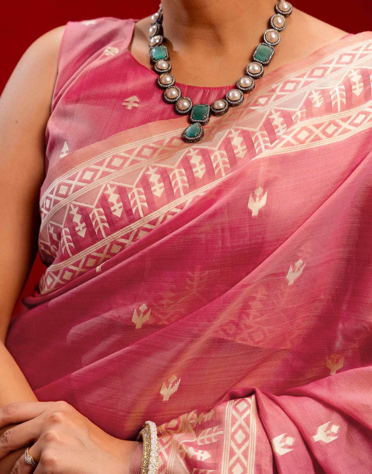 Rose Pink Cotton Woven Printed Saree