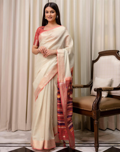 Beige Cotton Linen Woven Printed Saree