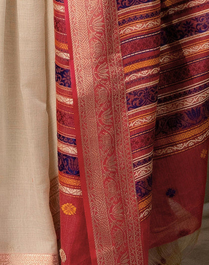 Beige Cotton Linen Woven Printed Saree