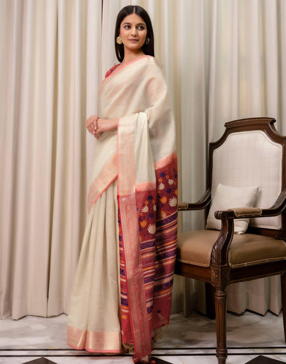 Beige Cotton Linen Woven Printed Saree