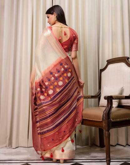 Beige Cotton Linen Woven Printed Saree