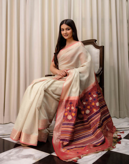 Beige Cotton Linen Woven Printed Saree