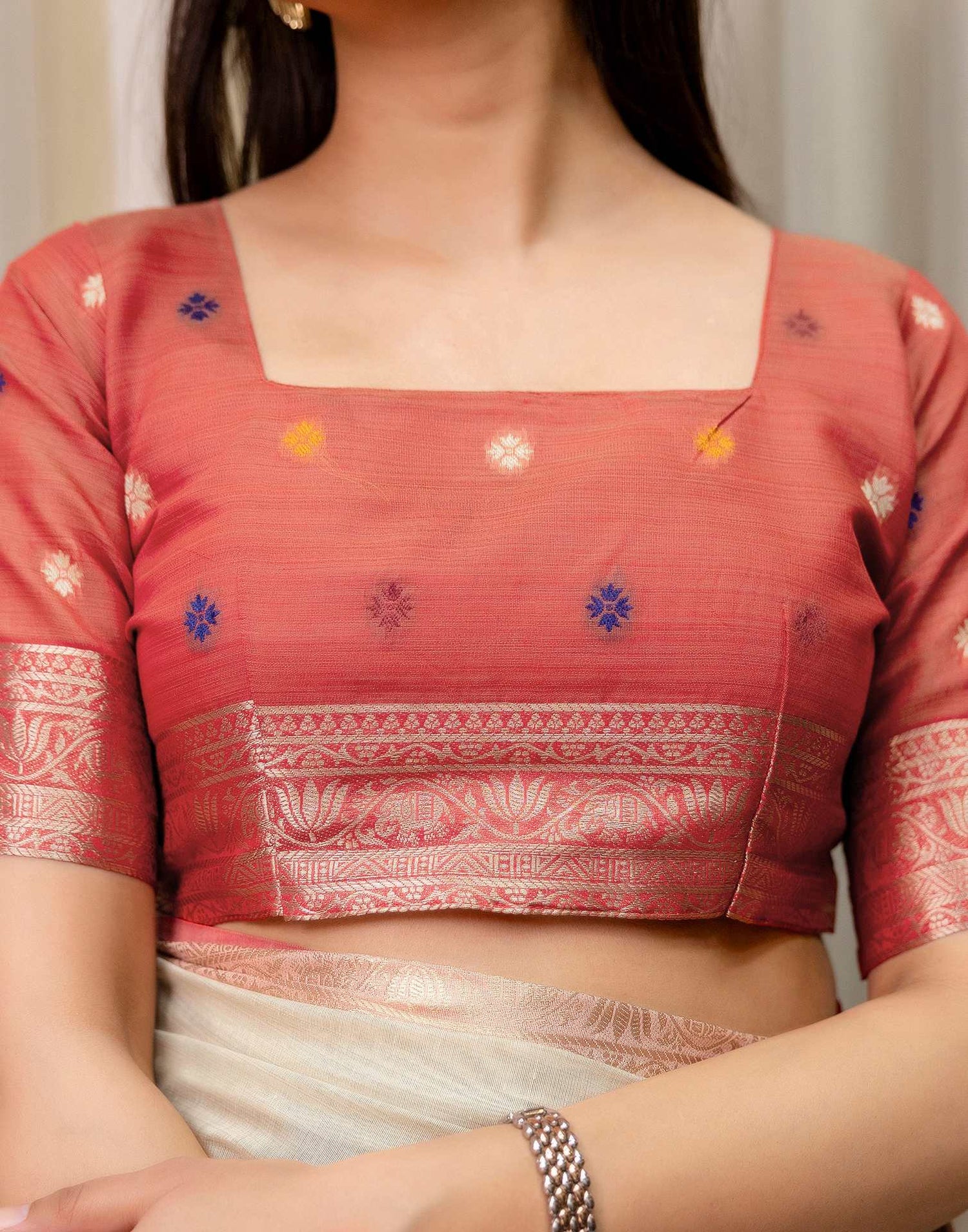 Beige Cotton Linen Woven Printed Saree