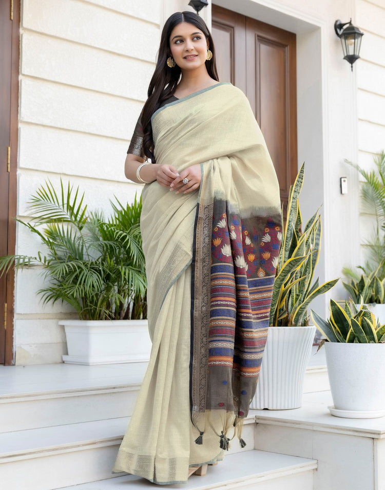 Beige Cotton Linen Woven Printed Saree