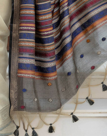 Beige Cotton Linen Woven Printed Saree