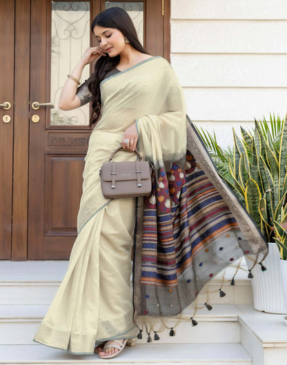 Beige Cotton Linen Woven Printed Saree