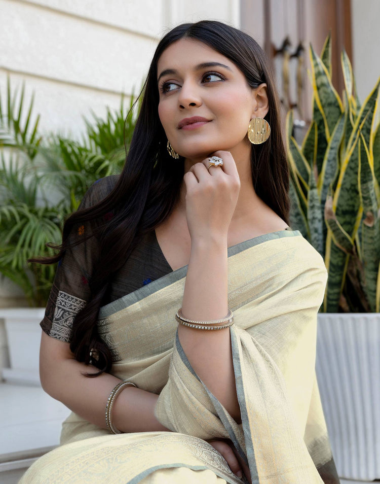 Beige Cotton Linen Woven Printed Saree