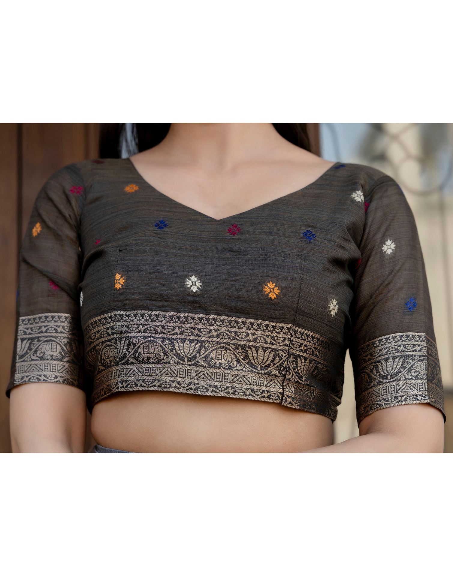 Beige Cotton Linen Woven Printed Saree