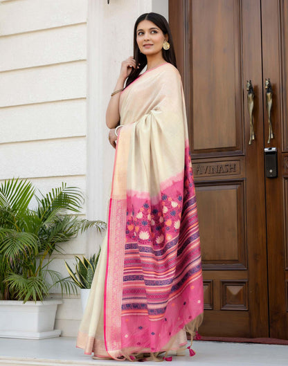 Beige Cotton Linen Woven Printed Saree