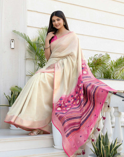 Beige Cotton Linen Woven Printed Saree