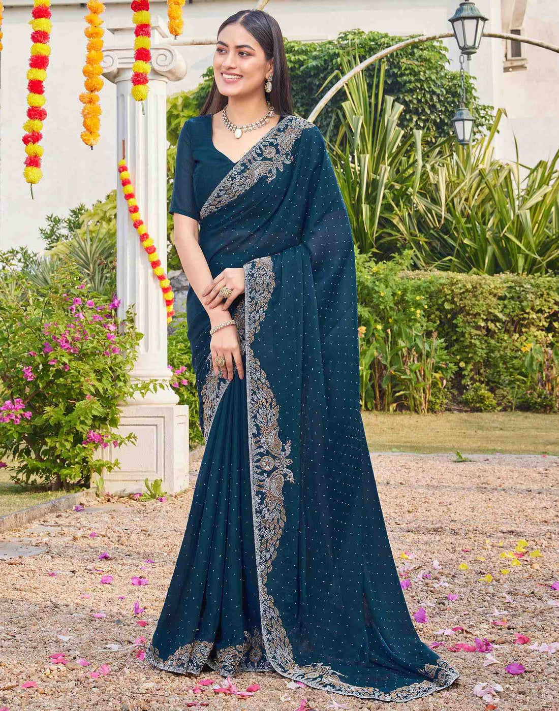 Dark Blue Shimmer Stone Work Swarovski Saree