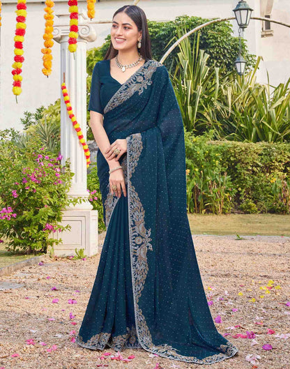 Dark Blue Shimmer Stone Work Swarovski Saree