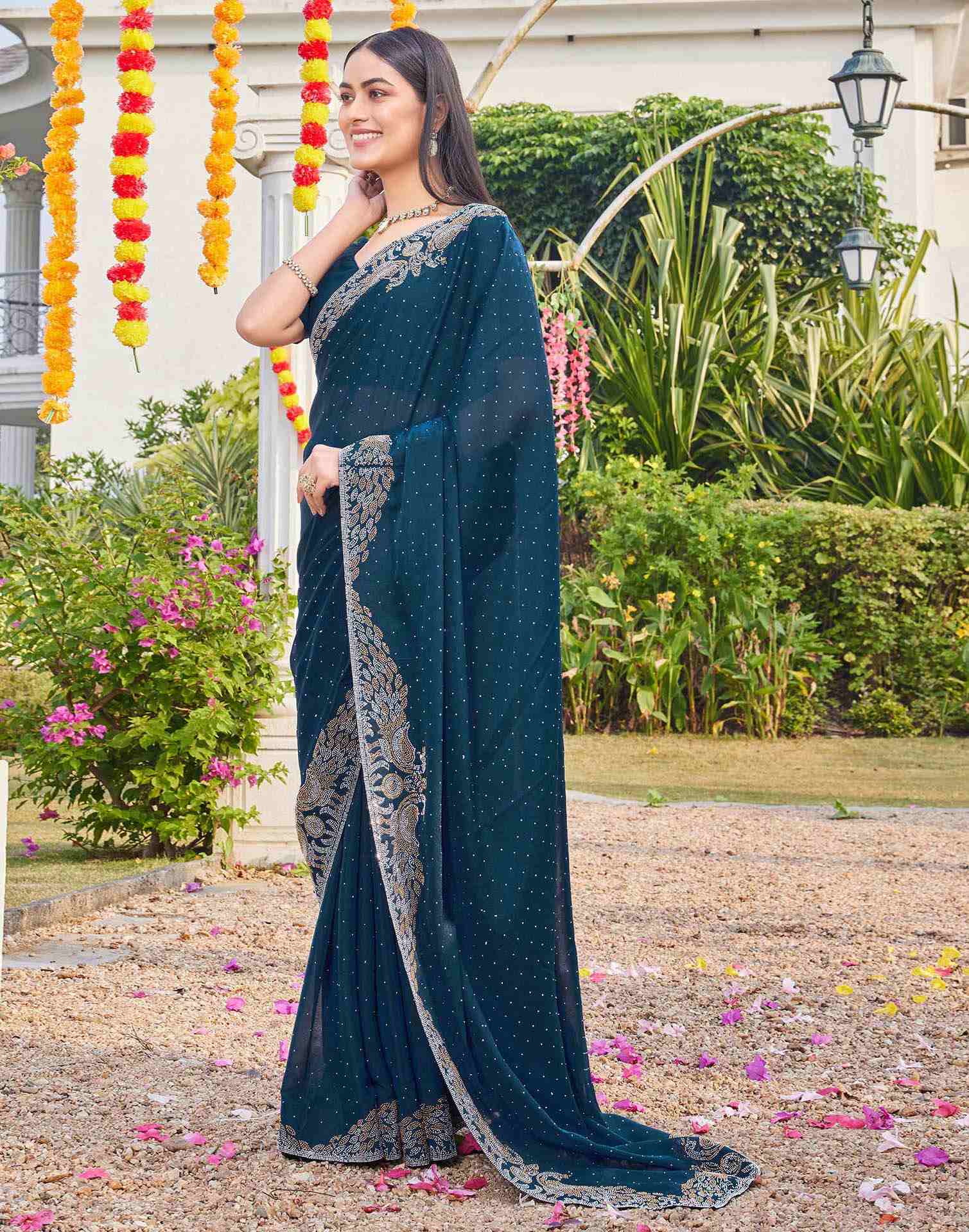 Dark Blue Shimmer Stone Work Swarovski Saree