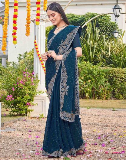 Dark Blue Shimmer Stone Work Swarovski Saree