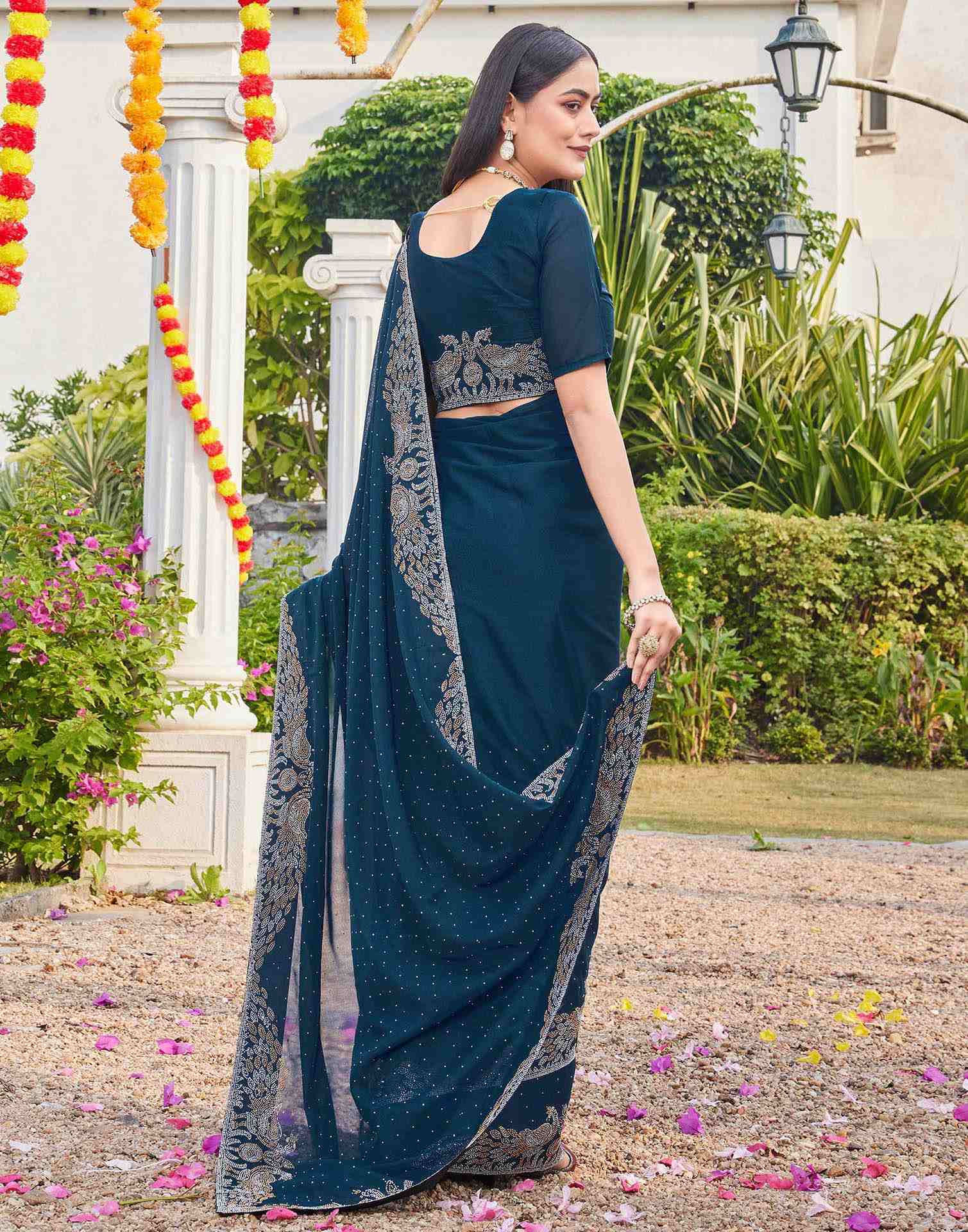Dark Blue Shimmer Stone Work Swarovski Saree