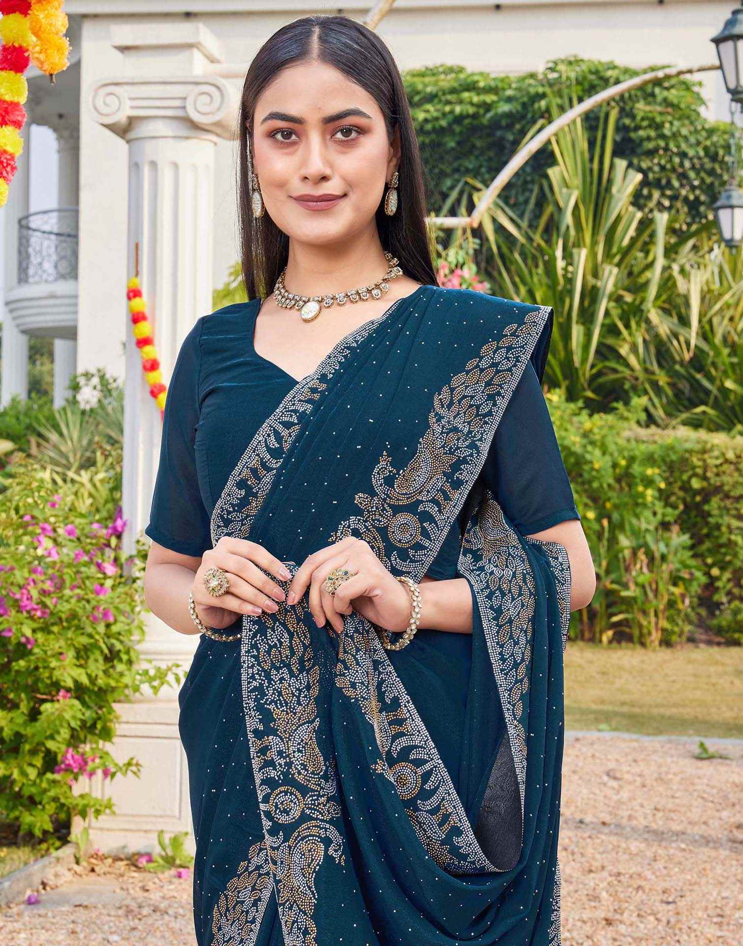 Dark Blue Shimmer Stone Work Swarovski Saree