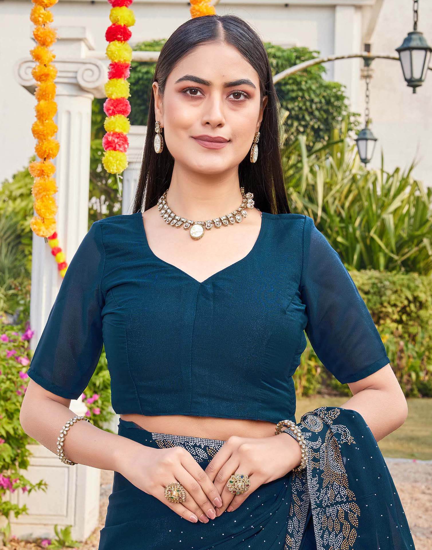 Dark Blue Shimmer Stone Work Swarovski Saree