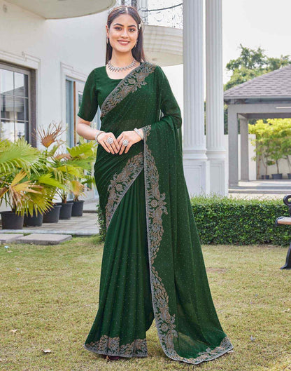 Dark Green Shimmer Stone Work Swarovski Saree