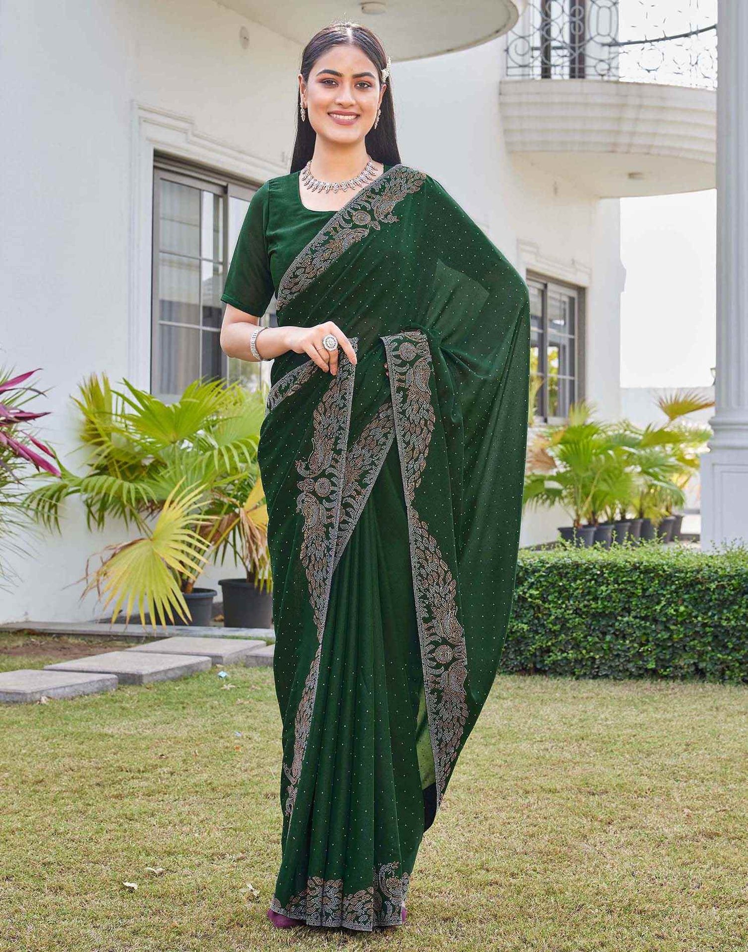 Dark Green Shimmer Stone Work Swarovski Saree