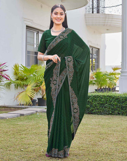 Dark Green Shimmer Stone Work Swarovski Saree