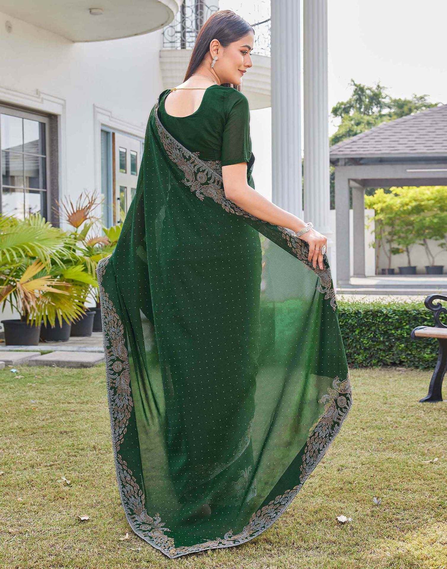 Dark Green Shimmer Stone Work Swarovski Saree