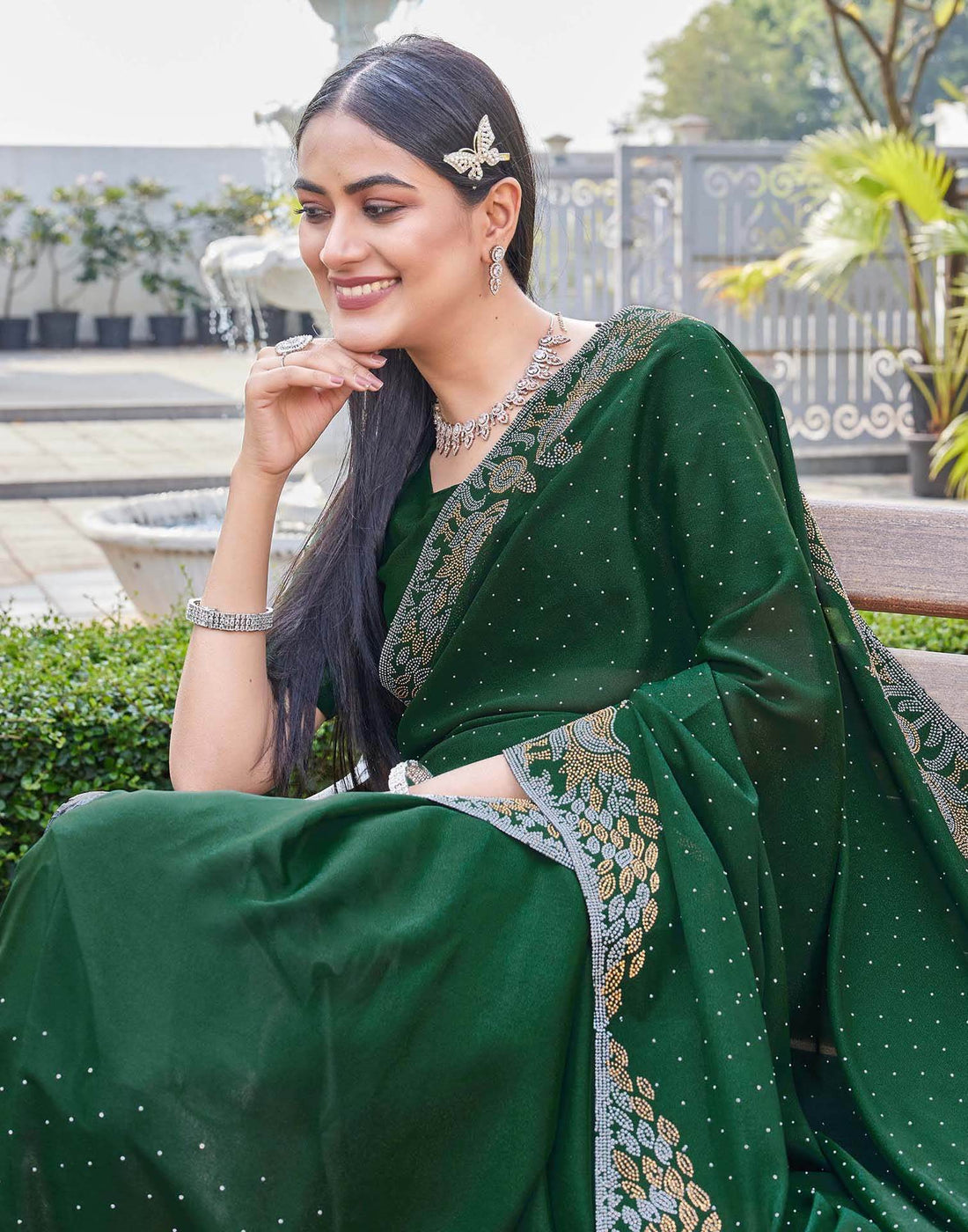 Dark Green Shimmer Stone Work Swarovski Saree