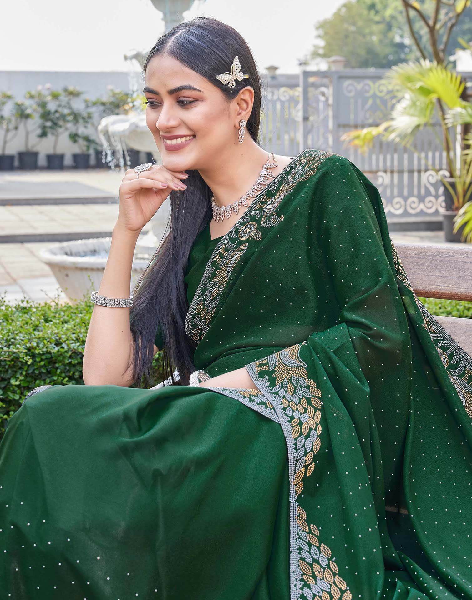 Dark Green Shimmer Stone Work Swarovski Saree