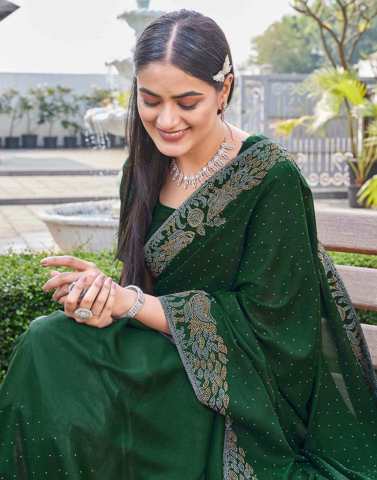 Dark Green Shimmer Stone Work Swarovski Saree