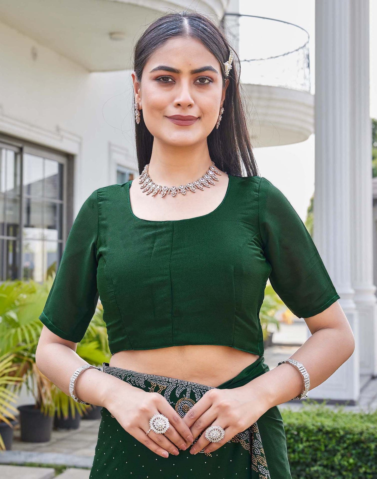 Dark Green Shimmer Stone Work Swarovski Saree