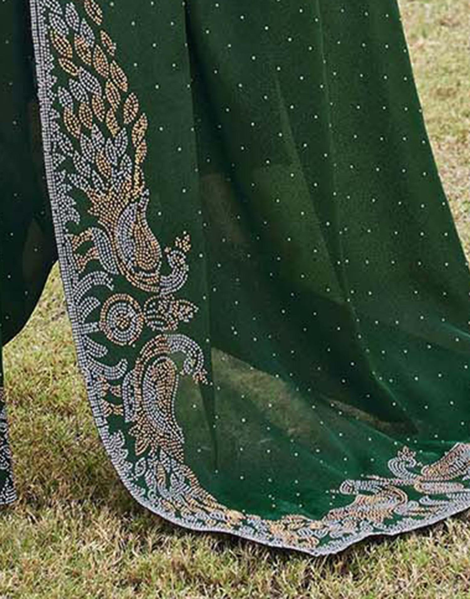 Dark Green Shimmer Stone Work Swarovski Saree