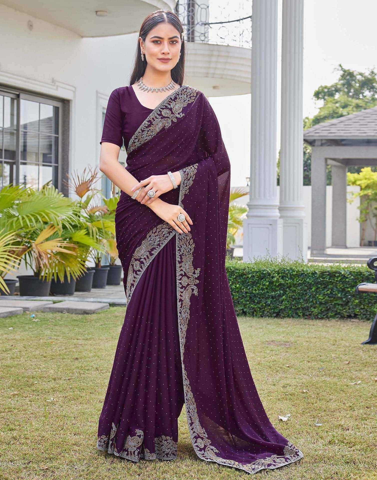 Wine Shimmer Stone Work Swarovski Saree