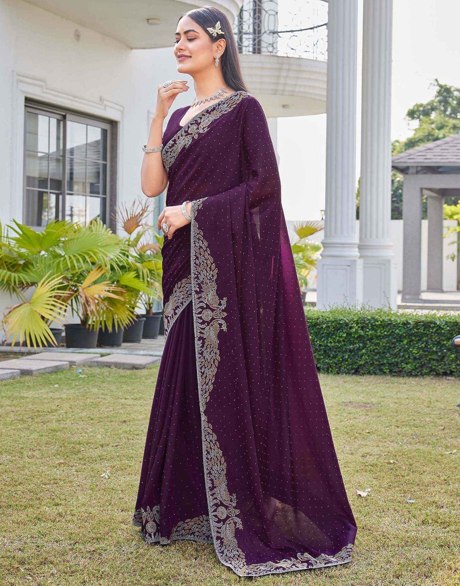 Wine Shimmer Stone Work Swarovski Saree