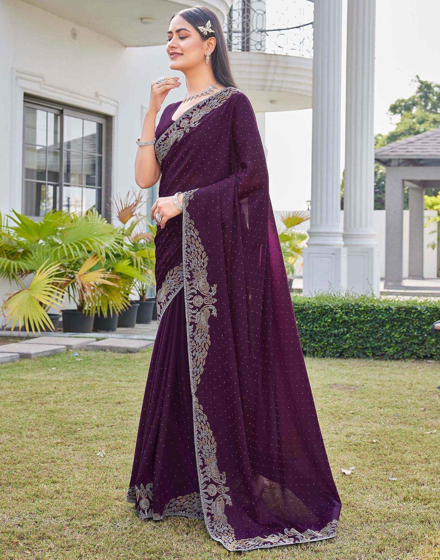 Wine Shimmer Stone Work Swarovski Saree