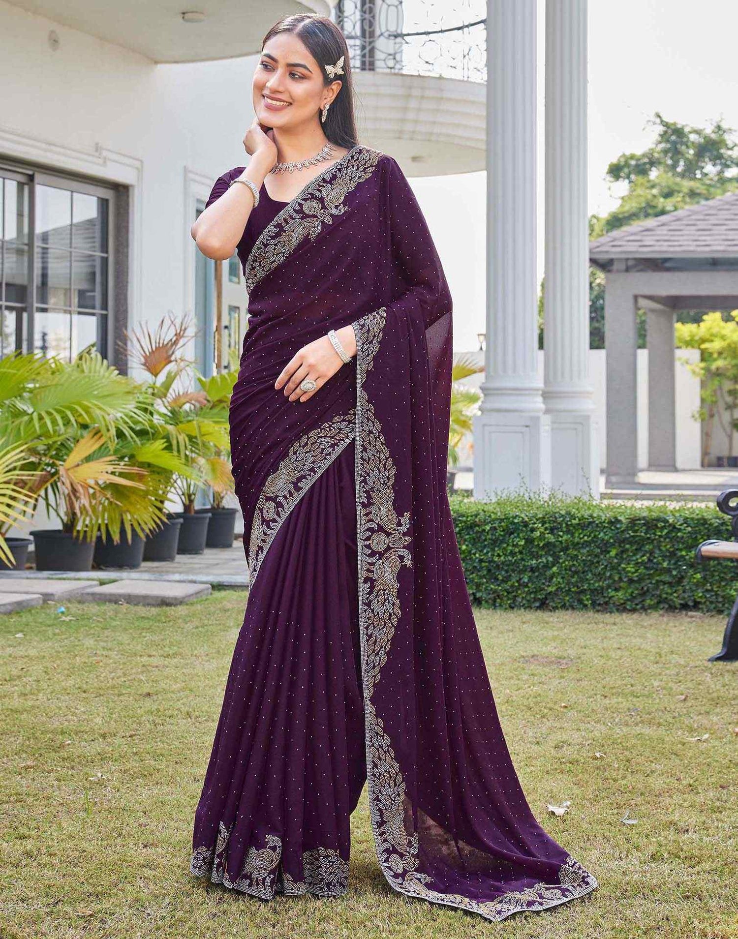 Wine Shimmer Stone Work Swarovski Saree