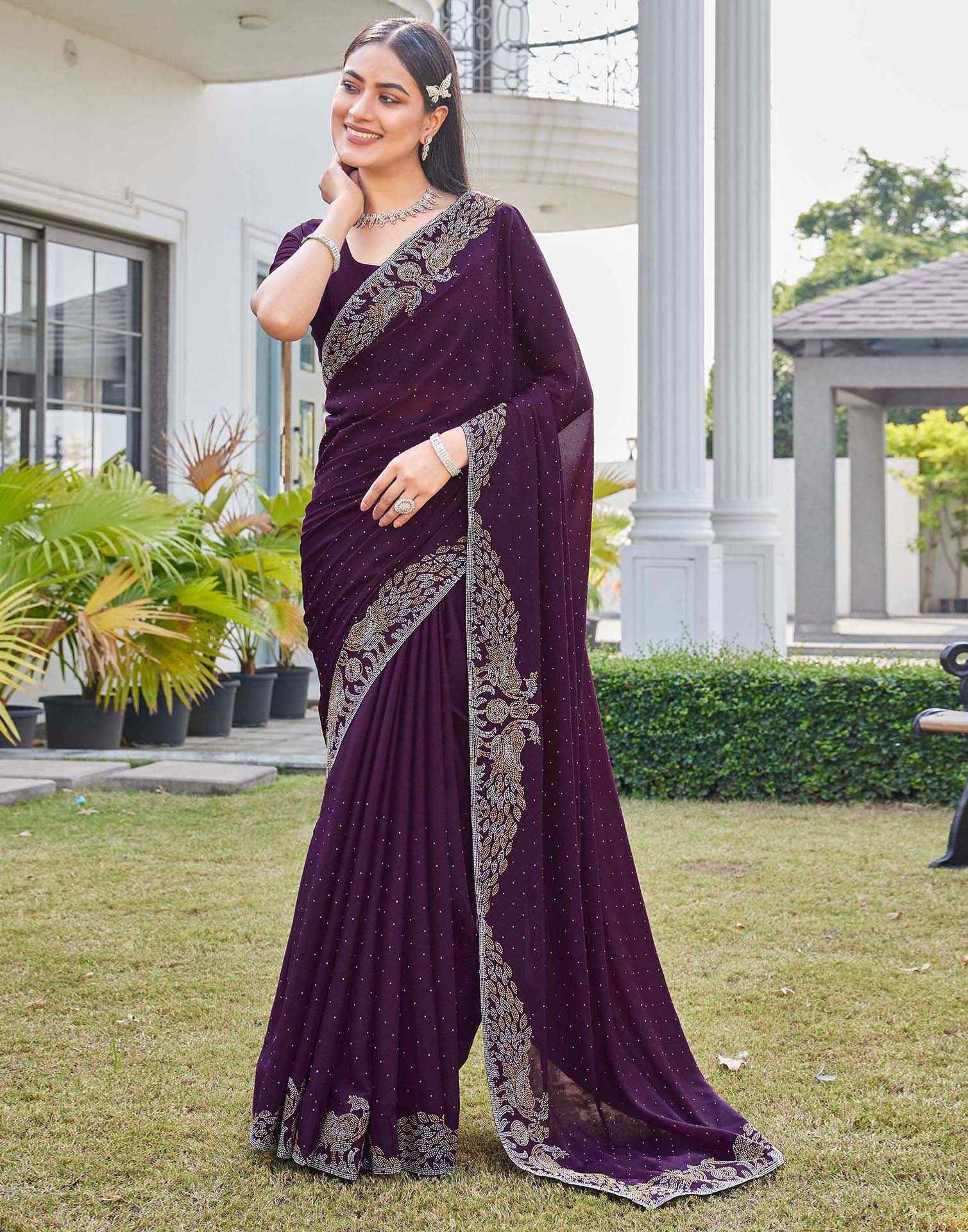 Wine Shimmer Stone Work Swarovski Saree