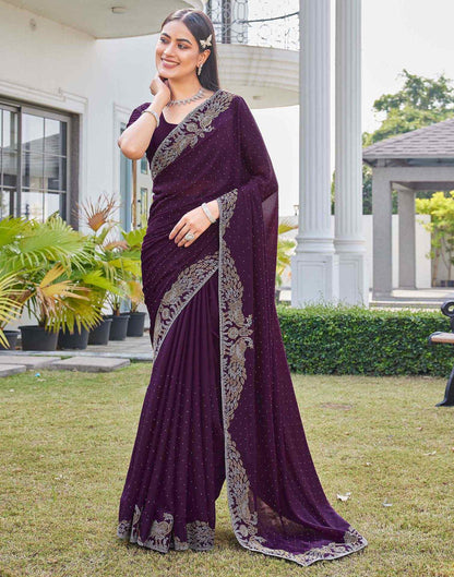 Wine Shimmer Stone Work Swarovski Saree