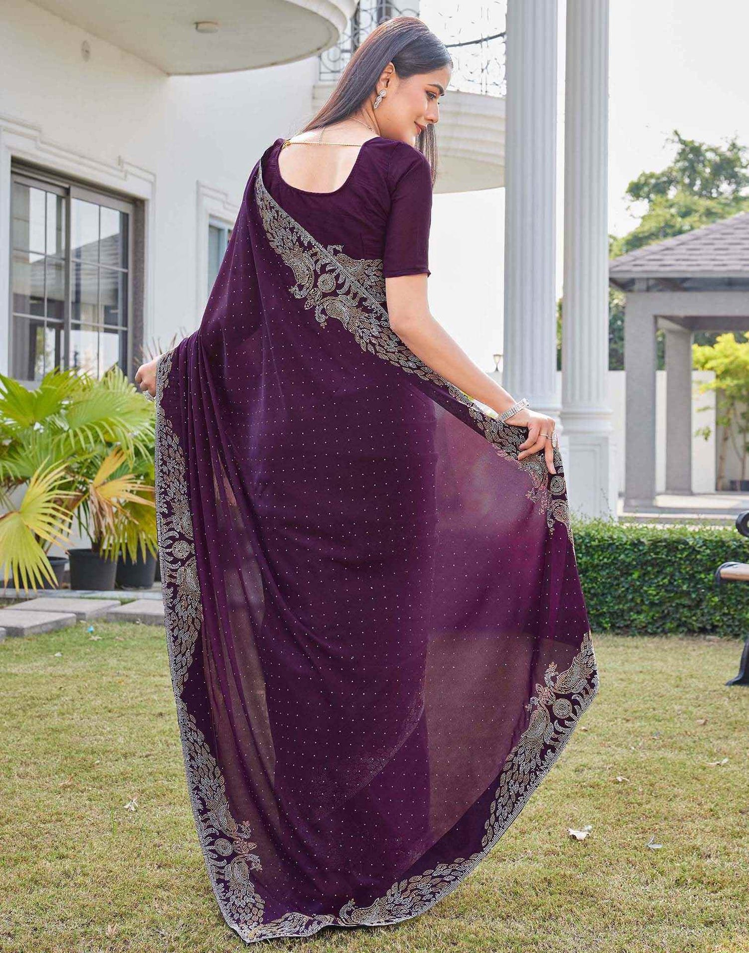 Wine Shimmer Stone Work Swarovski Saree